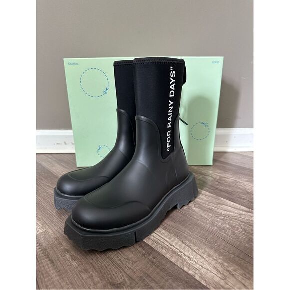 Off-White Reboot Mid-Calf Rain Boots | Neiman Marcus Off-White Black Chunky Rain Chelsea Boots with Green Tag